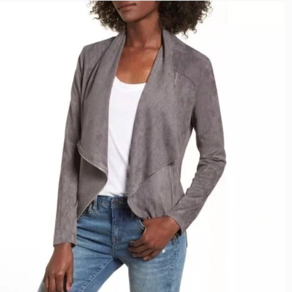 Blank NYC Faux Suede Drape Front Jacket Moto Asymmetric Zip Gray S - Picture 1 of 13